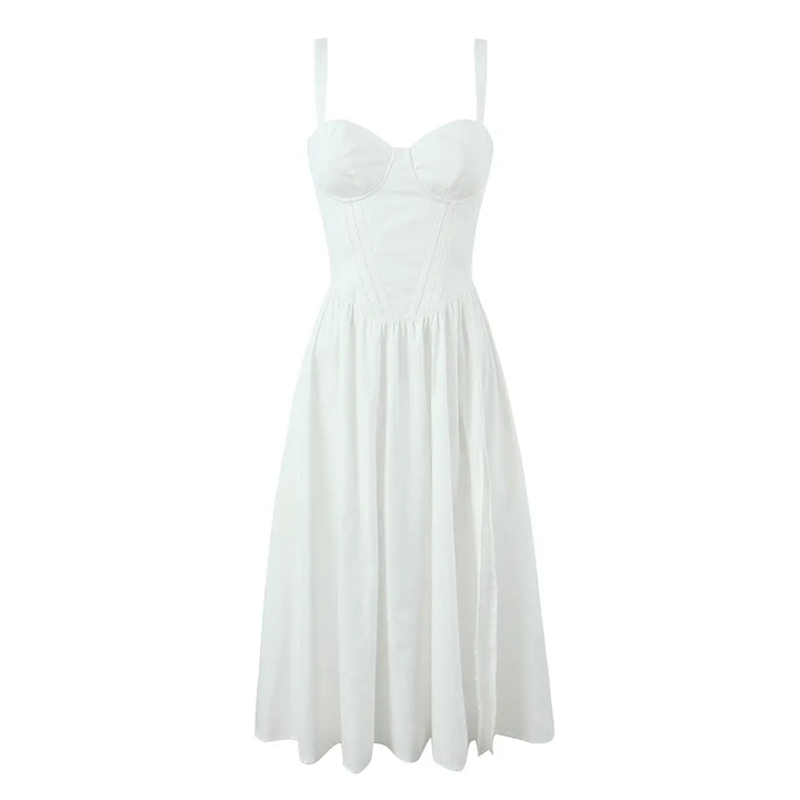 Gabriel White Sweetheart Neckline Sleeveless Side Slit Midi Dress