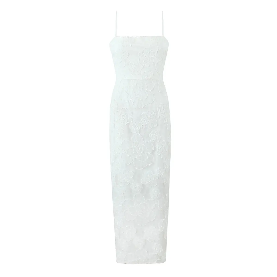 Kite White Spaghetti Strap Floral Embroidery Midi Dress