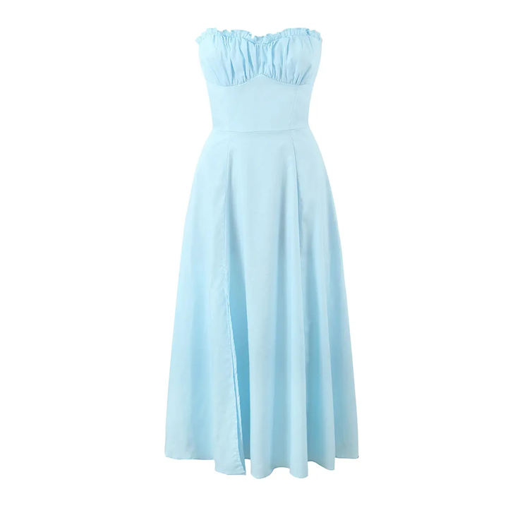 Diane Powder Blue Front Slit Pleated With Zipper Tube Midi Dress