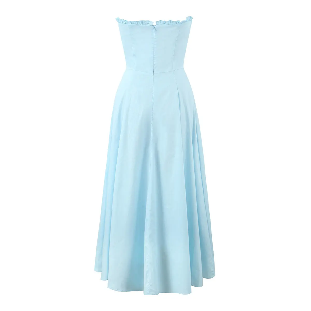 Diane Powder Blue Front Slit Pleated With Zipper Tube Midi Dress