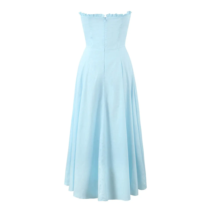 Diane Powder Blue Front Slit Pleated With Zipper Tube Midi Dress