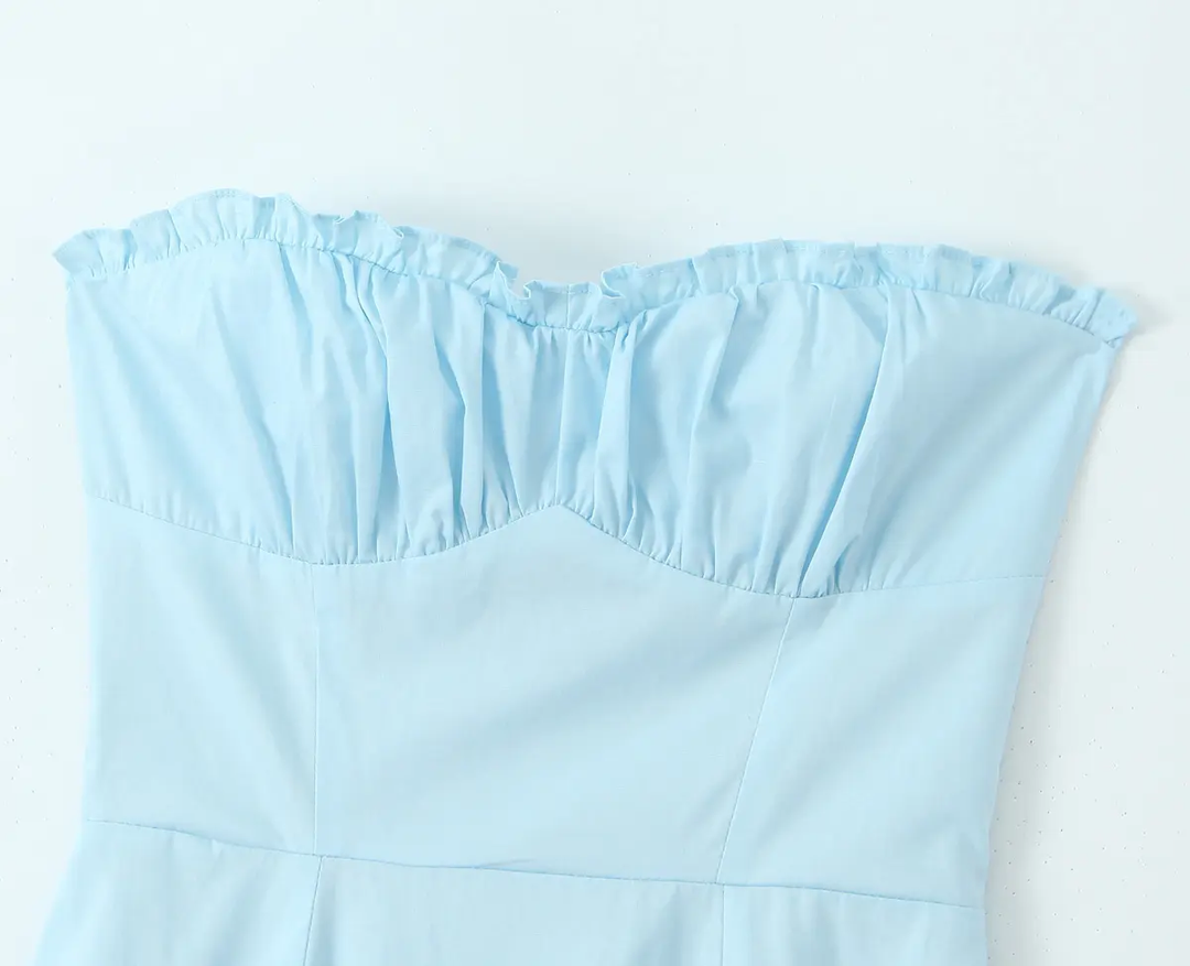 Diane Powder Blue Front Slit Pleated With Zipper Tube Midi Dress