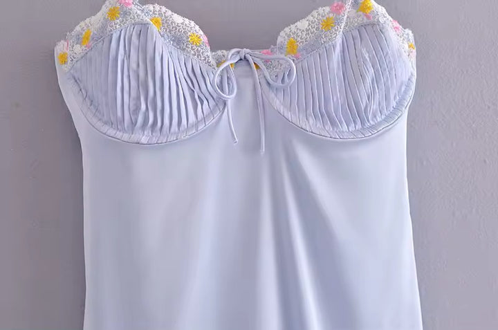 Berlin Light Blue Floral Embroidered Back Hollow Out Midi Dress