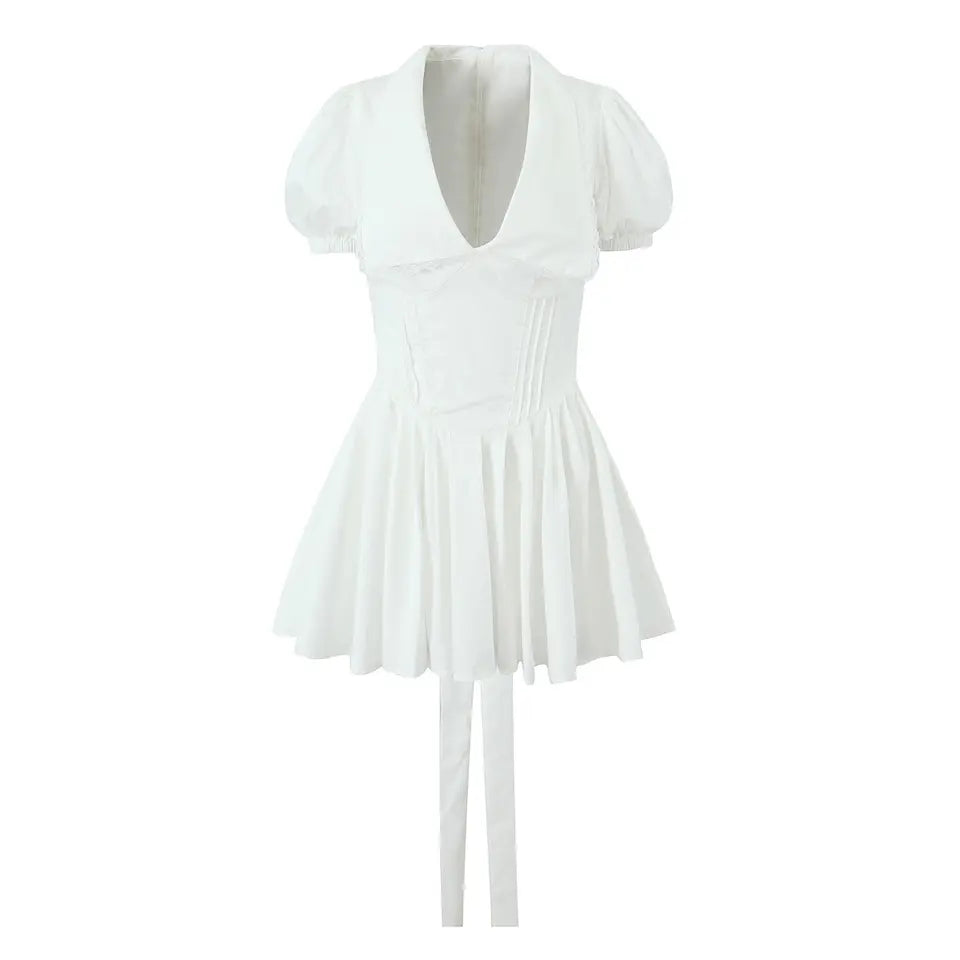 Ellisa White Collared Lace V Neck Bow Back Pleated Short Sleeves Mini Dress