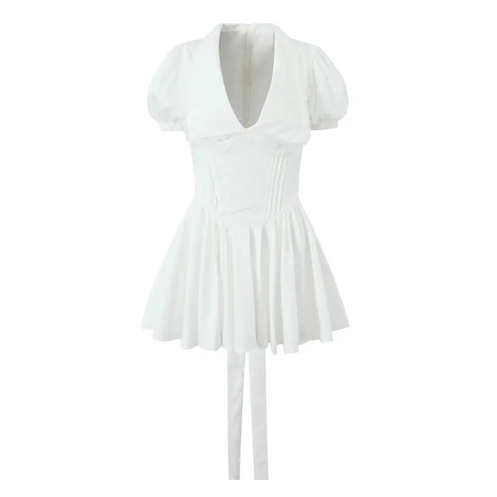 Ellisa White Collared Lace V Neck Bow Back Pleated Short Sleeves Mini Dress