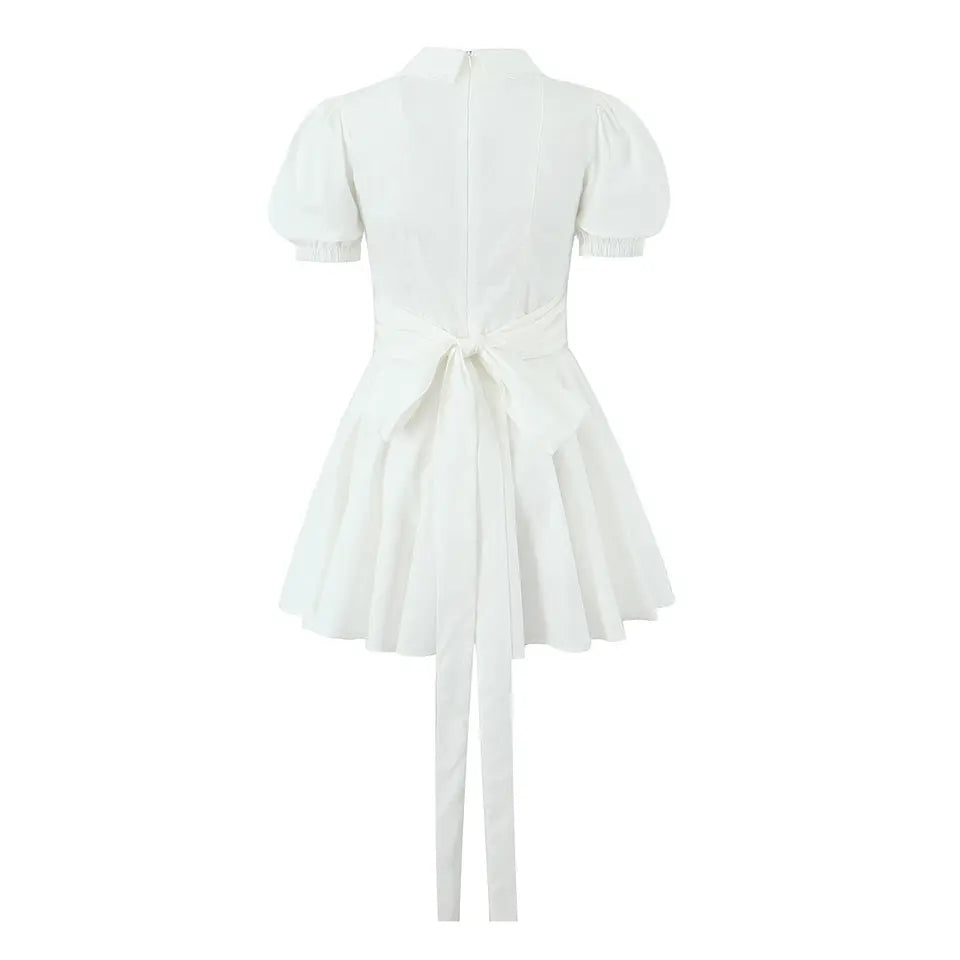 Ellisa White Collared Lace V Neck Bow Back Pleated Short Sleeves Mini Dress