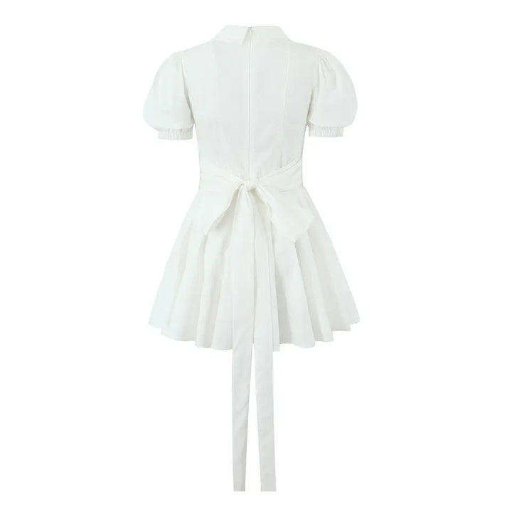 Ellisa White Collared Lace V Neck Bow Back Pleated Short Sleeves Mini Dress