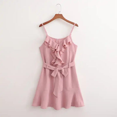 Ehra Rose Pink V Neckline Front Ruffle Sleeveless Mini Dress with Belt