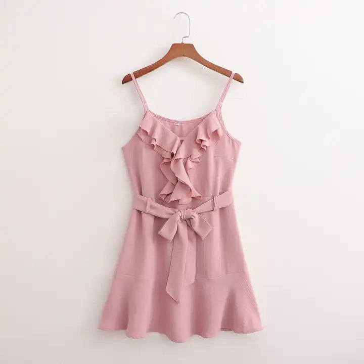 Ehra Rose Pink V Neckline Front Ruffle Sleeveless Mini Dress with Belt