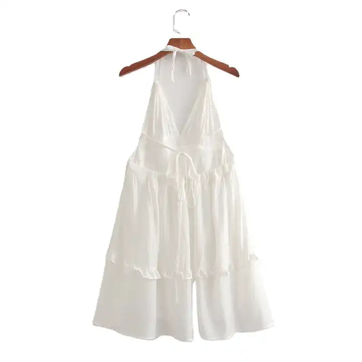 Jeline White V Neck Halter Self Tie Strap Sexy Back Tiered Sleeveless Mini Dress