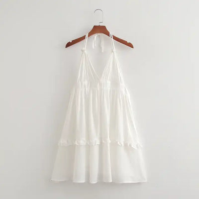 Jeline White V Neck Halter Self Tie Strap Sexy Back Tiered Sleeveless Mini Dress