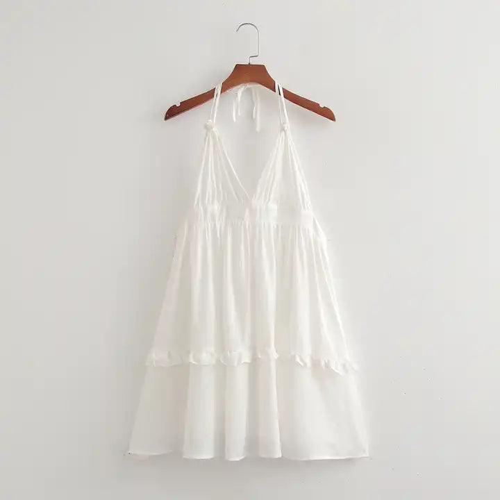 Jeline White V Neck Halter Self Tie Strap Sexy Back Tiered Sleeveless Mini Dress