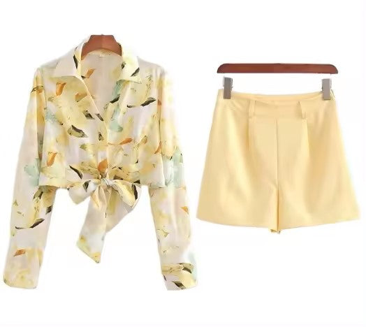 Morocco Floral Print Front Bow Tie Long Sleeve,Zipper Fly Shorts 2 Piece Set