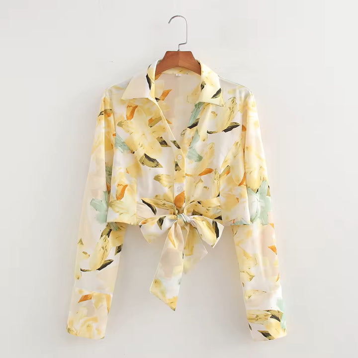 Morocco Floral Print Front Bow Tie Long Sleeve,Zipper Fly Shorts 2 Piece Set