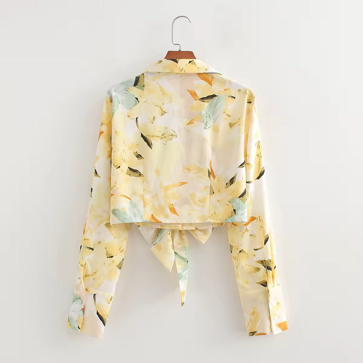 Morocco Floral Print Front Bow Tie Long Sleeve,Zipper Fly Shorts 2 Piece Set