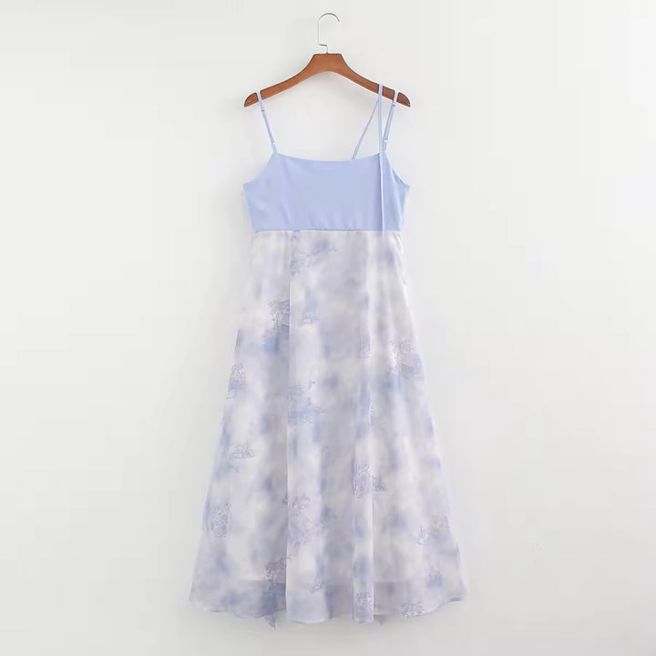 Oceana Blue Floral Print Patchwork Design Midi Dress