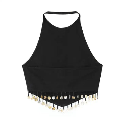 Mirri Black Sexy Back Round Beaded Tassel Sleeveless Halter V-Shaped Hem Top