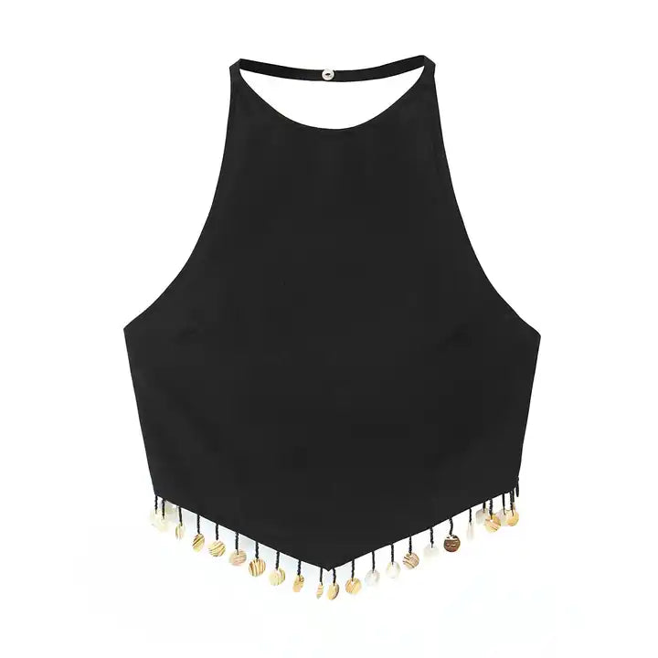 Mirri Black Sexy Back Round Beaded Tassel Sleeveless Halter V-Shaped Hem Top