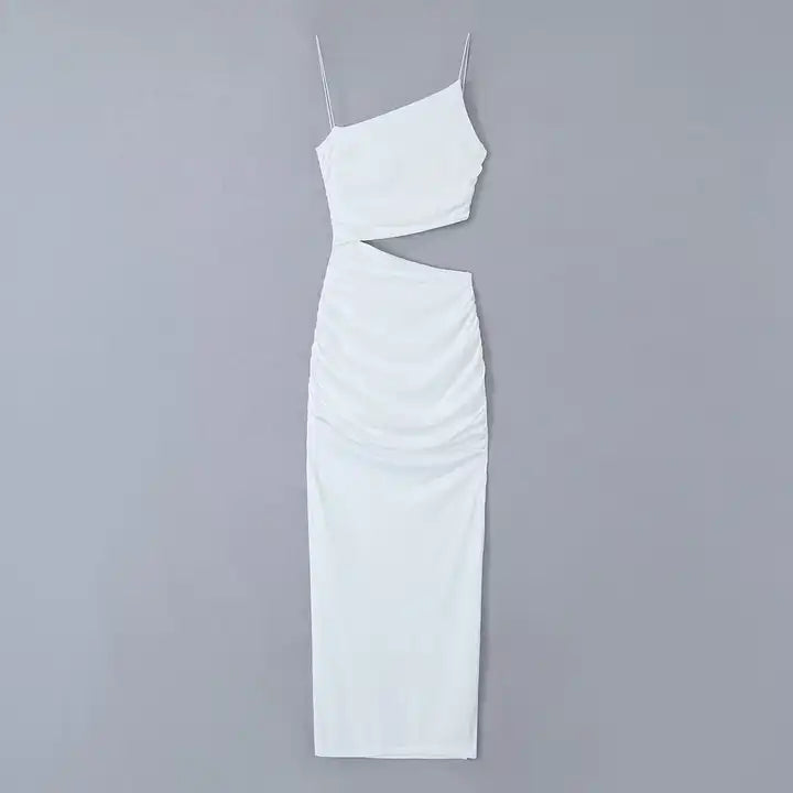 Perri White Asymmetrical neckline Single Waist Cut Bodycon Sleeveless Midi dress