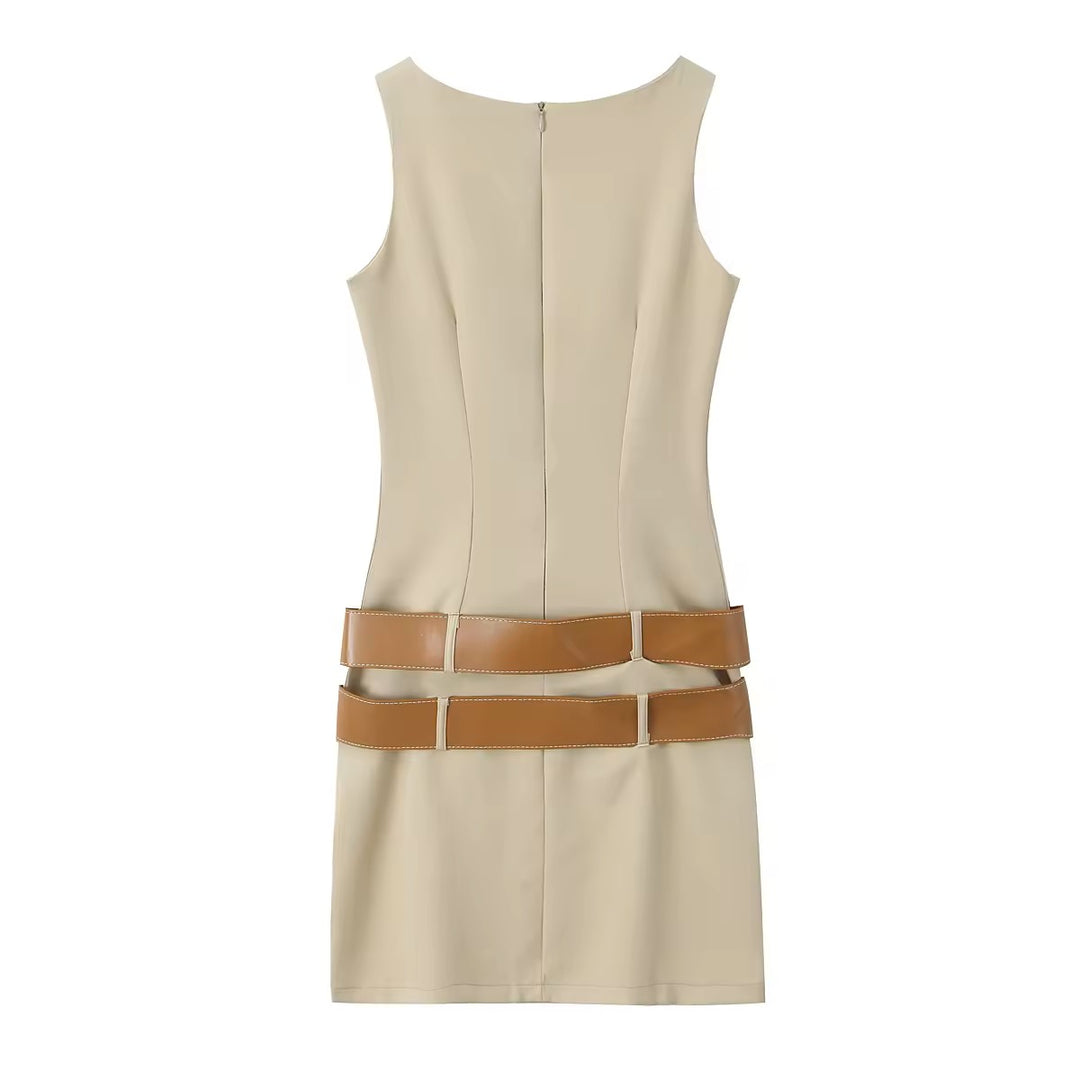 Athens Crew Neck Khaki Sashes  Midi Dress