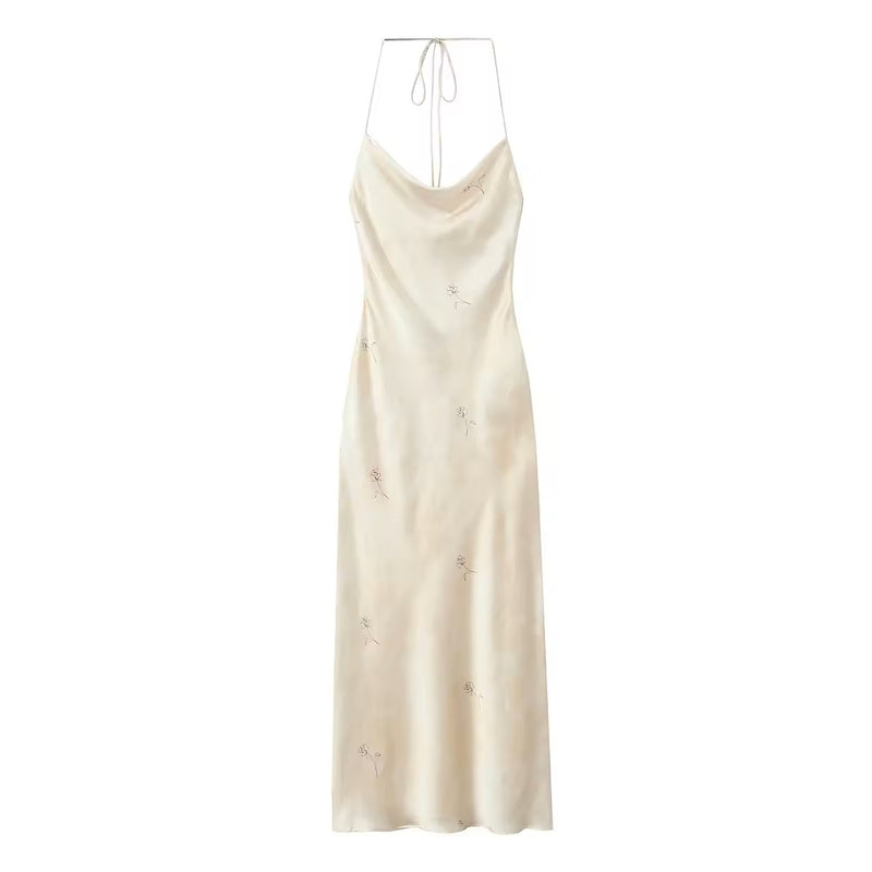 Fiore Beige Floral Print Back hollow Halter Long Dress