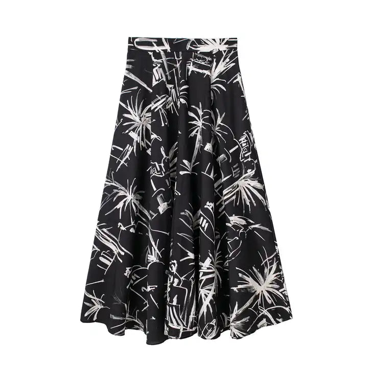 Prisha Black with White Abstract Print Zipper Fly Side Pocket Midi Skirt