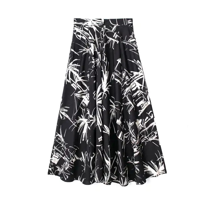 Prisha Black with White Abstract Print Zipper Fly Side Pocket Midi Skirt