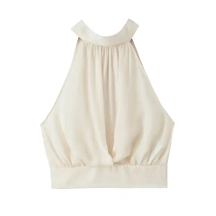 Enya Beige Turtle Neck Back Bow Tie Side Zipper Sleeveless Halter Top