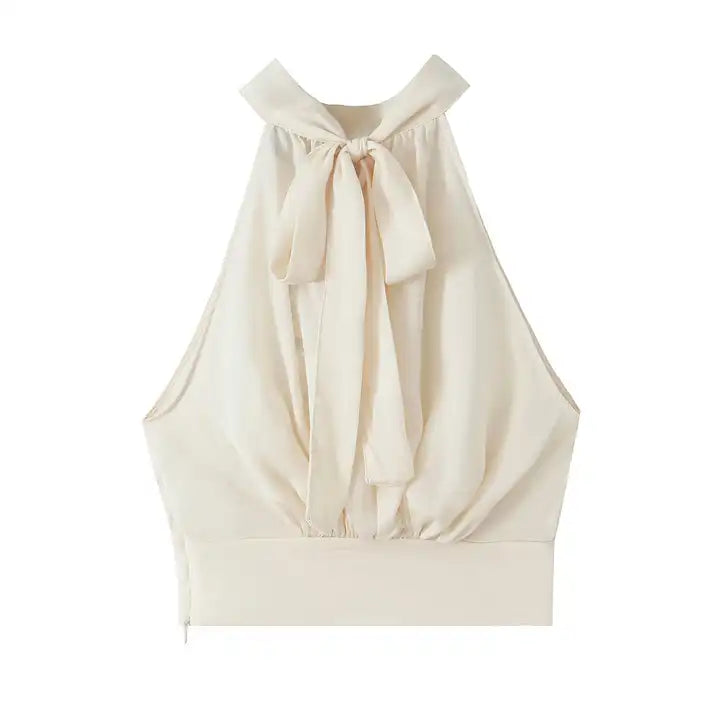 Enya Beige Turtle Neck Back Bow Tie Side Zipper Sleeveless Halter Top