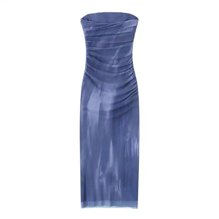 (PRE-ORDER: ETA December 22) Lovella Blue Abstract Print Pleated Side Zipper Mesh Tube Midi Dress
