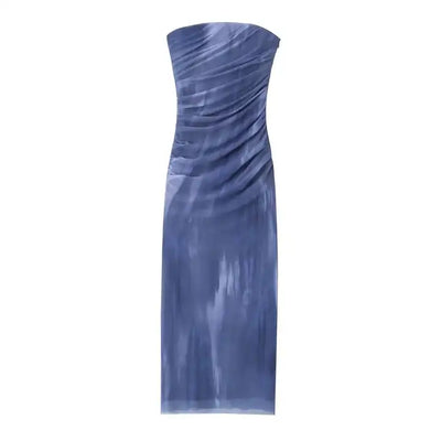 (PRE-ORDER: ETA December 22) Lovella Blue Abstract Print Pleated Side Zipper Mesh Tube Midi Dress