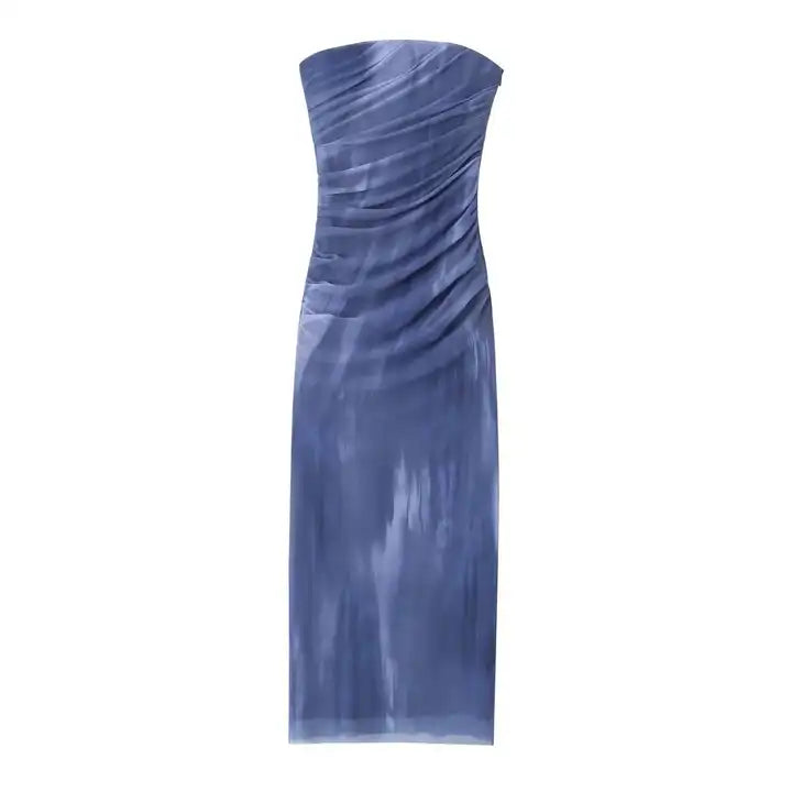 (PRE-ORDER: ETA December 22) Lovella Blue Abstract Print Pleated Side Zipper Mesh Tube Midi Dress