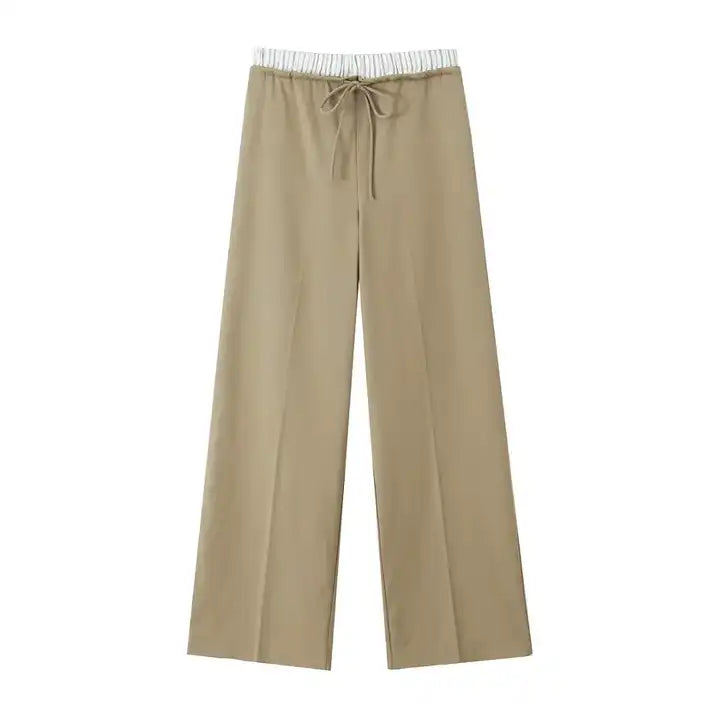 Sorrel Khaki with White Drawstring Elastic Waist Side Pocket Full Length Trouser Pants