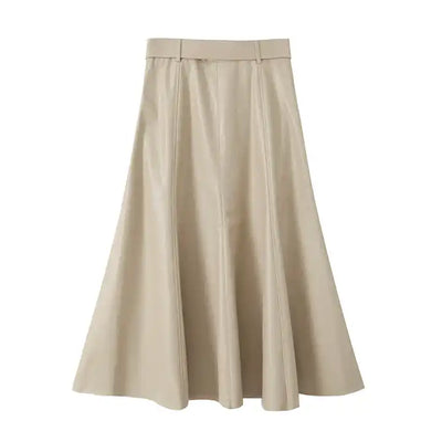 Pummy Beige Zipper Fly Leather Flare Midi Skirt with Belt