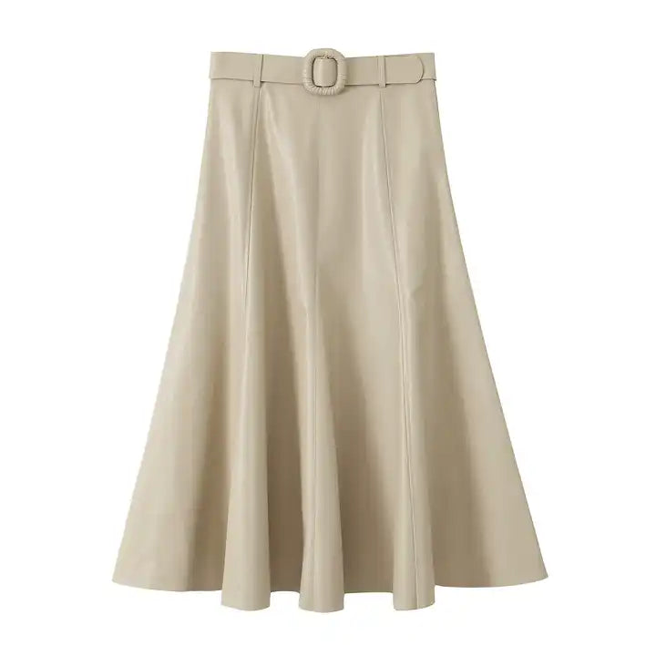 Pummy Beige Zipper Fly Leather Flare Midi Skirt with Belt