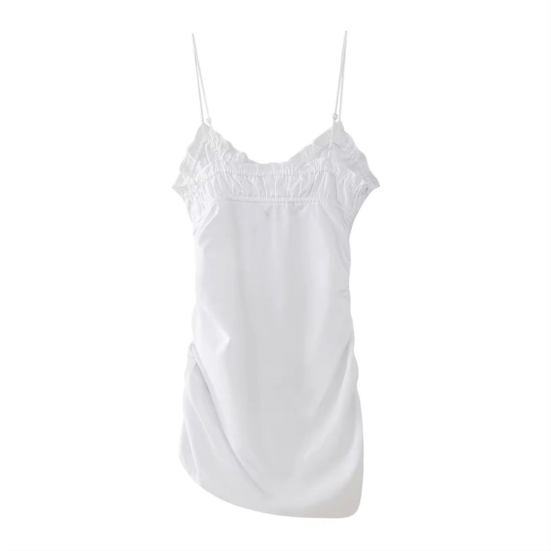 Lavonne White Spaghetti Strap Front Lace up Pleated Ruched Side Mini Dress