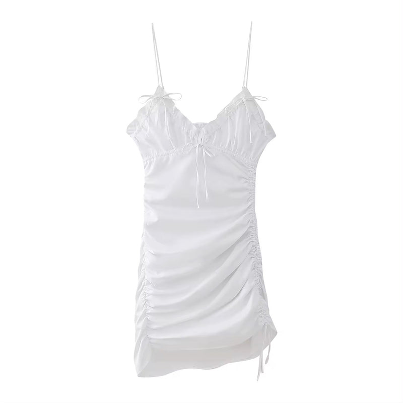 Lavonne White Spaghetti Strap Front Lace up Pleated Ruched Side Mini Dress
