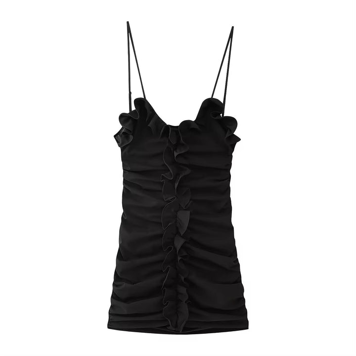 Rexine Black Front Ruffle Mini Dress