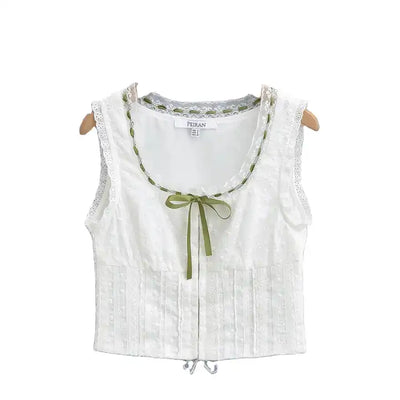 Zahira White Eyelet Lace Up Hook Closure Front Bow Sleeveless Top