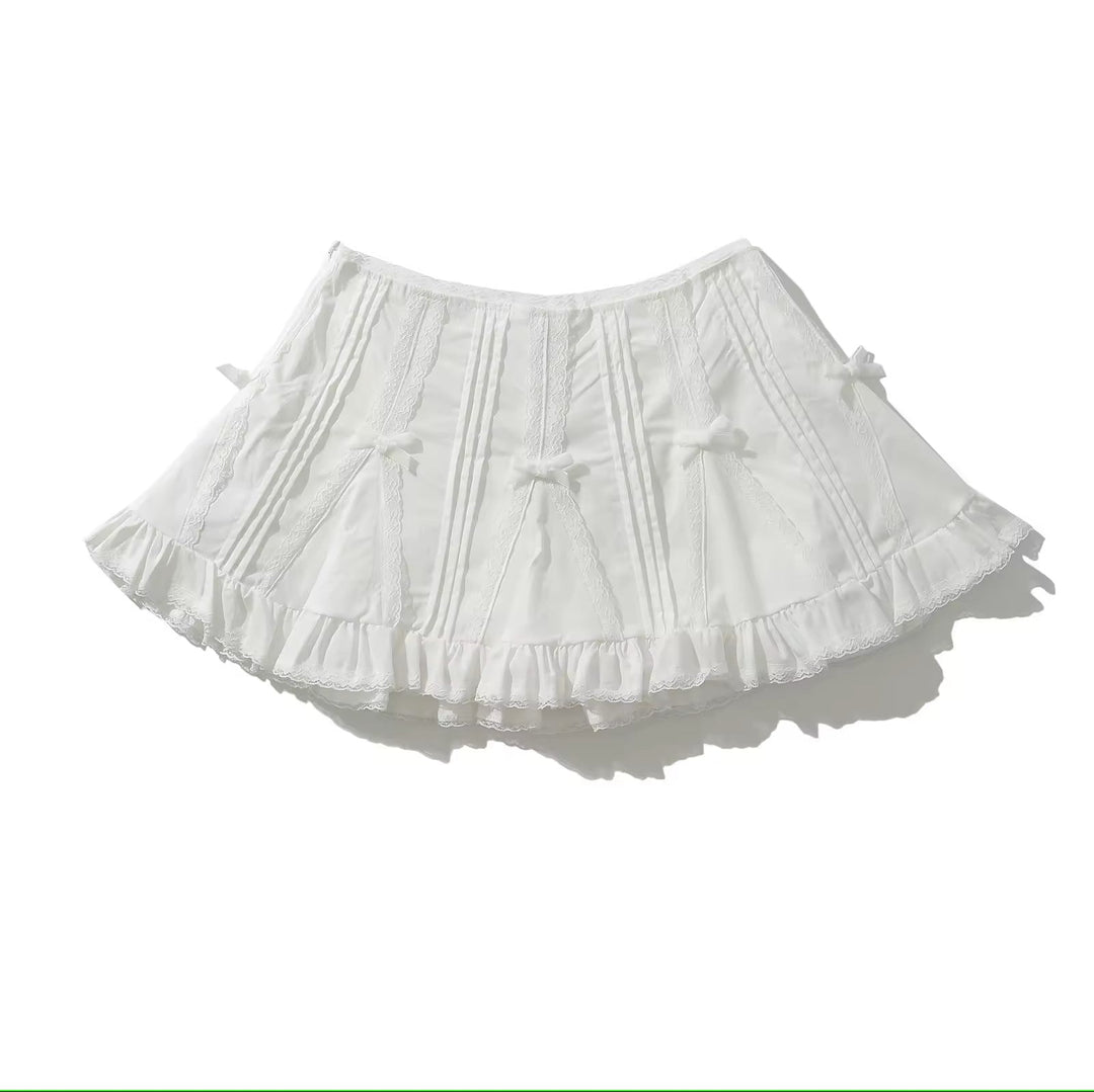 Hatsley White Dropped Waist Bow Detail Mini Skirt With Shorts-Style Lining