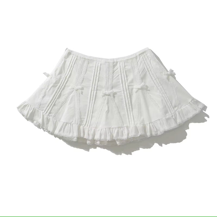 Hatsley White Dropped Waist Bow Detail Mini Skirt With Shorts-Style Lining