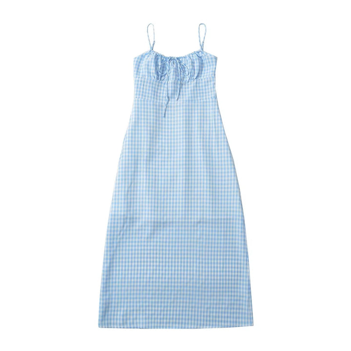 Santal Powder Blue Gingham Print Ruched Bust Midi dress