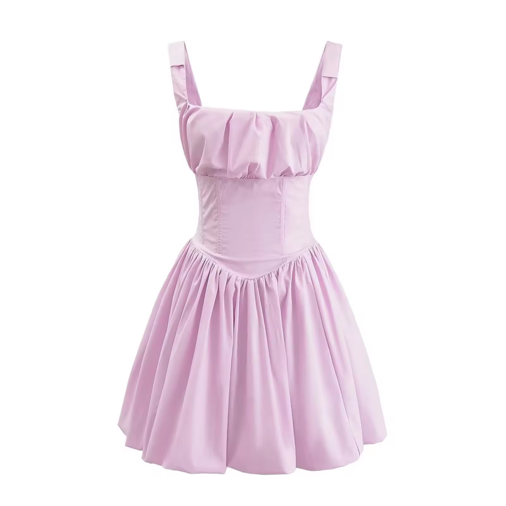 Reinica Lilac Square Collar Pleated Mini Dress