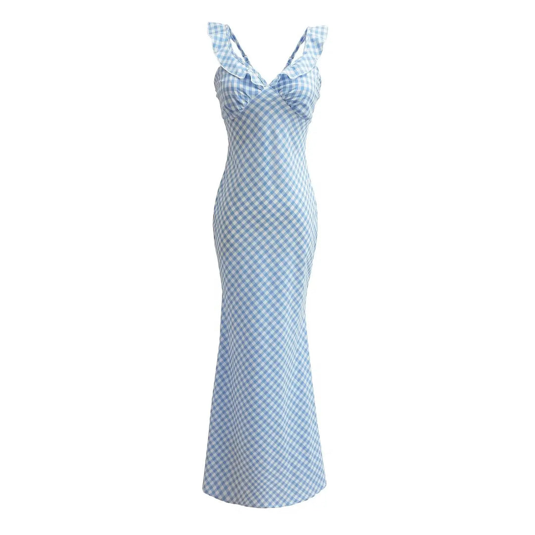 Aquila Sky Blue Plaid Bias Cut Midi Dress