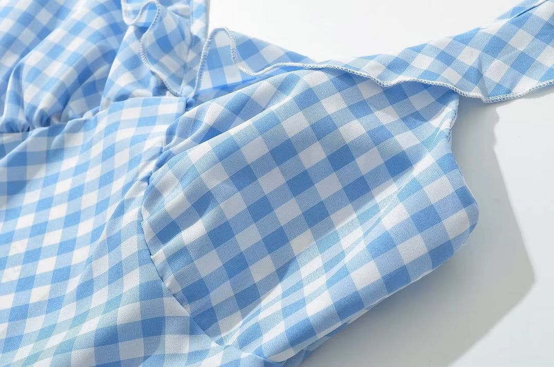 Aquila Sky Blue Plaid Bias Cut Midi Dress