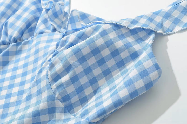 Aquila Sky Blue Plaid Bias Cut Midi Dress