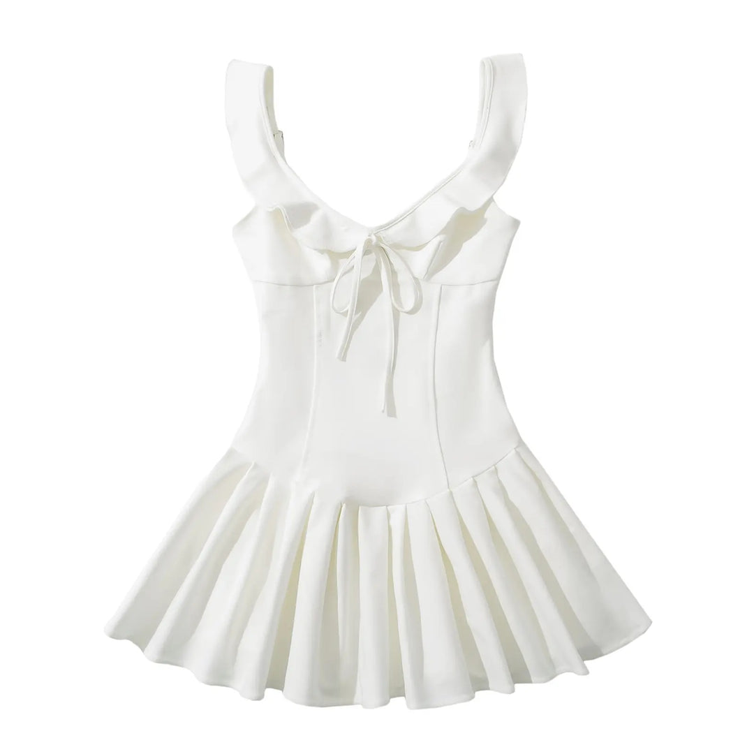Blessy White Front Lace Up Pleated Mini Dress