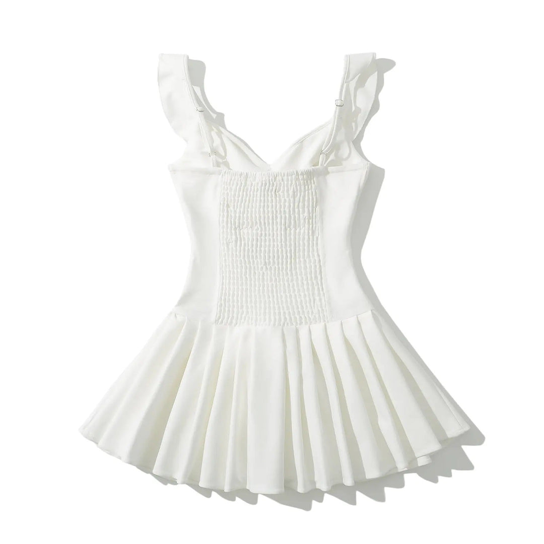 Blessy White Front Lace Up Pleated Mini Dress