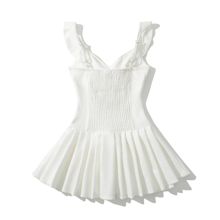 Blessy White Front Lace Up Pleated Mini Dress