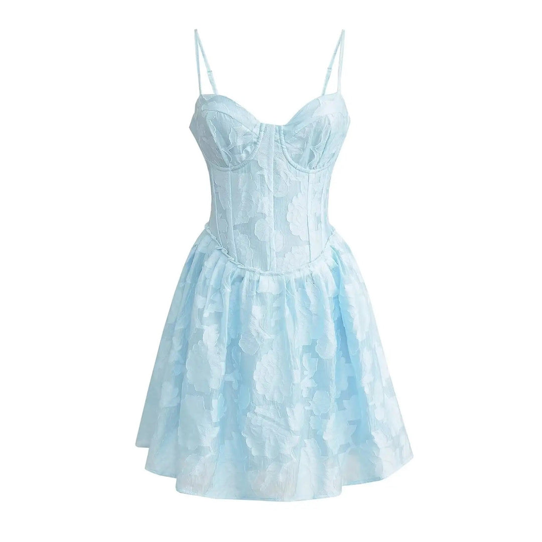 Vatican Blue Dream Floral Pattern Bustier Corset Midi Dress